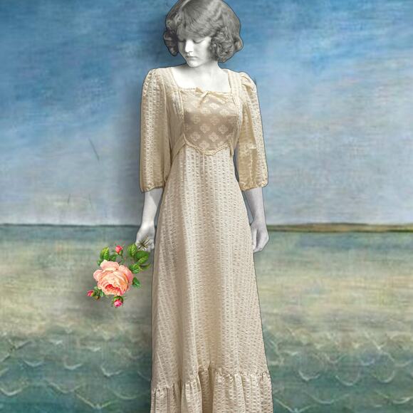 Vintage Cream 1970s Terri Juniors California Maxi Prairie Dress with Back Tie - Picture 1 of 16